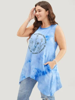 Floral & Letter Print Asymmetrical Hem Tie Dye Tank Top -Bloomchic Shop 593858101 ug