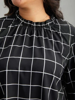 Plaid Stand Collar Ruffles Lantern Sleeve Blouse -Bloomchic Shop 593904857 zh