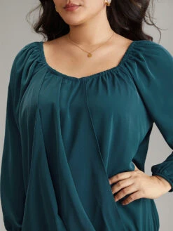 Static-Free Solid Lantern Sleeve Plicated Detail Blouse -Bloomchic Shop 593924069 vt