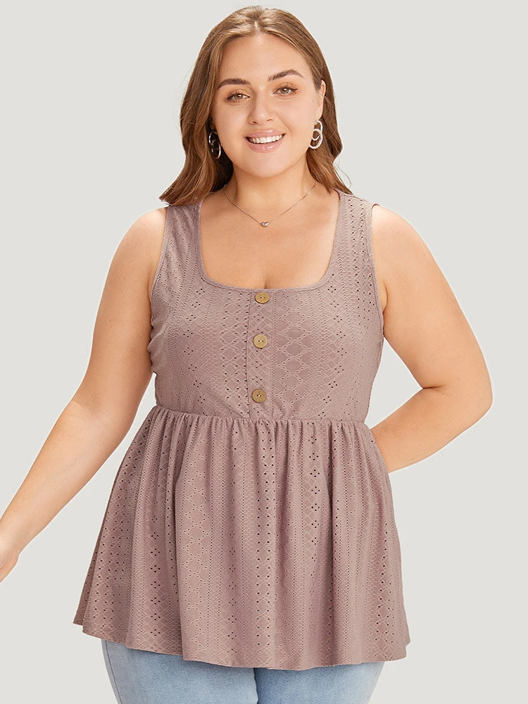 Plain Broderie Anglaise Gathered Button Detail Tank Top 3 Plain Broderie Anglaise Gathered Button Detail Tank Top