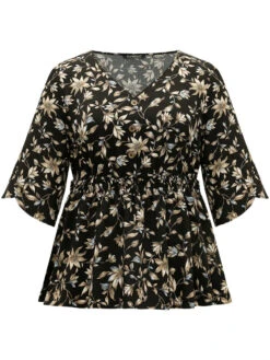 Floral Print Shirred Button Detail V Neck Petal Sleeve Blouse -Bloomchic Shop 595145105 ah 168ed9ec b907 42a1 844f d331669b62b0