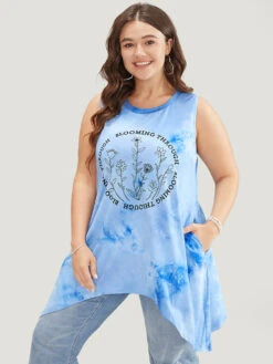 Floral & Letter Print Asymmetrical Hem Tie Dye Tank Top -Bloomchic Shop 597348567 ss