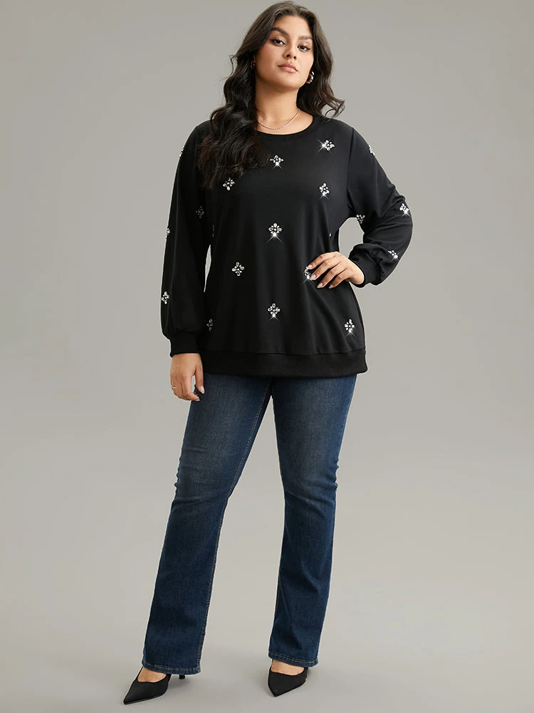 Beaded Floral Elastic Cuffs Sweatshirt 6 Beaded Floral Elastic Cuffs Sweatshirt - Image 4