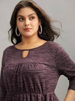 Glitter Keyhole Gathered Elastic Waist Dress -Bloomchic Shop 598051632 ci