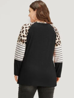 Striped Patchwork Leopard Print Crew Neck T-shirt 24 Striped Patchwork Leopard Print Crew Neck T-shirt -Bloomchic Shop 59837528 ql