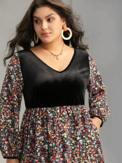 Ditsy Floral Velvet Patchwork Lantern Sleeve Dress 12 Ditsy Floral Velvet Patchwork Lantern Sleeve Dress -Bloomchic Shop 598996349 bj