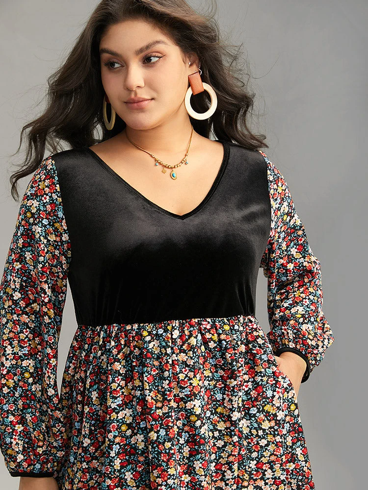 Ditsy Floral Velvet Patchwork Lantern Sleeve Dress 7 Ditsy Floral Velvet Patchwork Lantern Sleeve Dress - Image 5