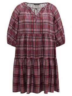 Plaid Tie Neck Ruffle Layered Hem Dress -Bloomchic Shop 599090533 ve