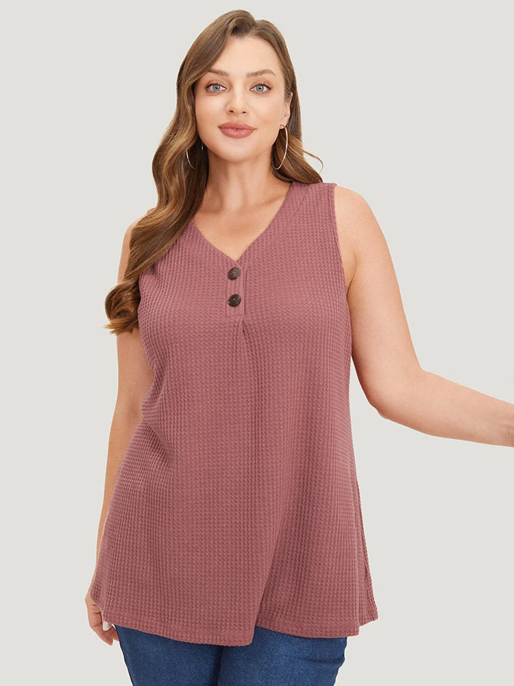 Waffle Knit Button Detail Plicated Detail Tank Top 5 Waffle Knit Button Detail Plicated Detail Tank Top - Image 3