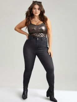 Solid Patchwork Ruched Adjustable Straps Bodysuit -Bloomchic Shop 59912267 yy