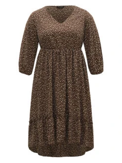 Leopard Lantern Sleeve Ruffles Frill Trim Dress -Bloomchic Shop 599243915 hy