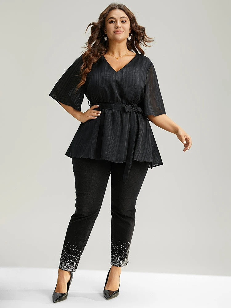 Solid Chiffon Belted High Low Hem Blouse 6 Solid Chiffon Belted High Low Hem Blouse - Image 4