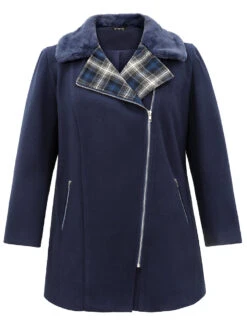 Plaid Asymmetrical Lapel Collar Patchwork Fuzzy Trim Coat -Bloomchic Shop 599850917 lf