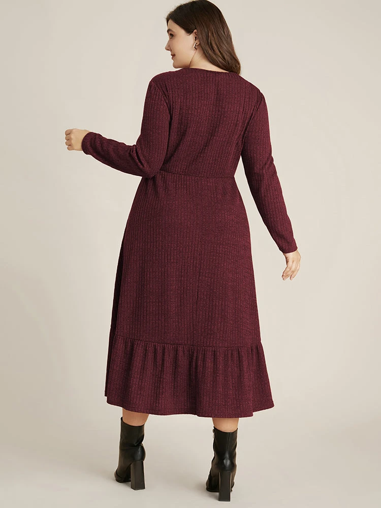 Solid Pocket Rib Knit Ruffle Hem Dress Without Belt 13 Solid Pocket Rib Knit Ruffle Hem Dress Without Belt - Image 11
