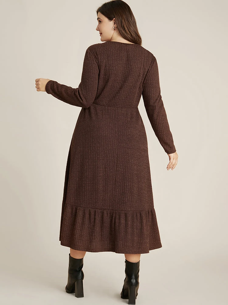Solid Pocket Rib Knit Ruffle Hem Dress Without Belt 4 Solid Pocket Rib Knit Ruffle Hem Dress Without Belt - Image 2