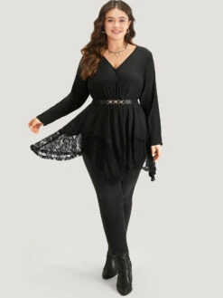 Halloween Plain Lace Asymmetrical Hem Blouse -Bloomchic Shop 60027342 jx