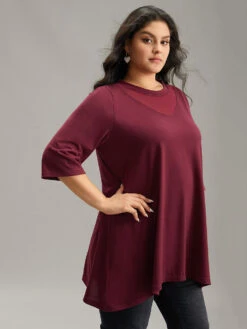 Solid Tunic Crochet Mesh Crew Neck T-shirt -Bloomchic Shop 602022530 al