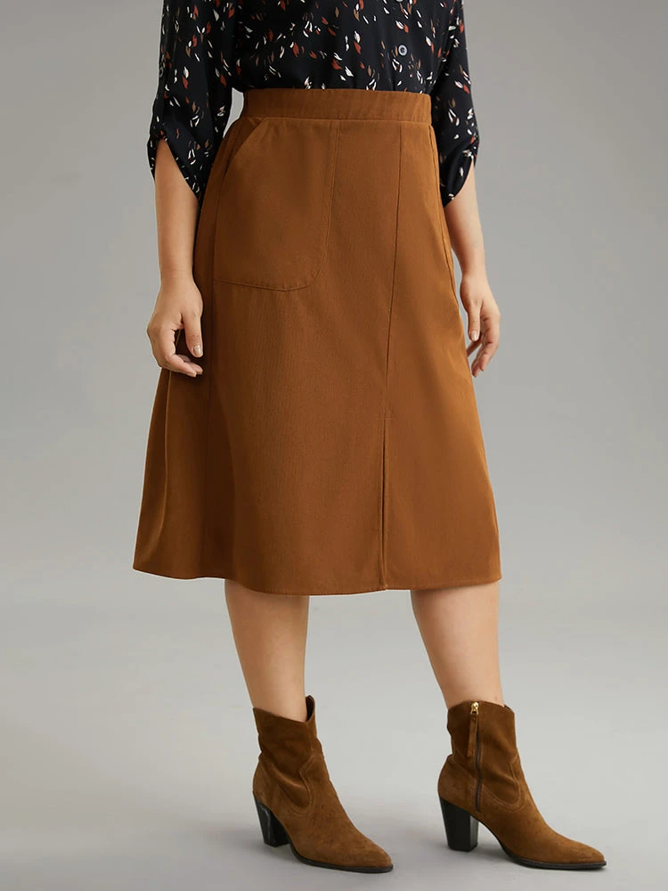 Plain Texture Elastic Waist Pocket Split Front Skirt 5 Plain Texture Elastic Waist Pocket Split Front Skirt - Image 3