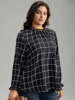 Plaid Stand Collar Ruffles Lantern Sleeve Blouse -Bloomchic Shop 603930996 of
