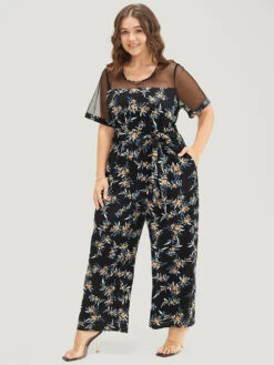 Floral Mesh Patchwork Crew Neck Pocket Belted Jumpsuit -Bloomchic Shop 604319162 xy