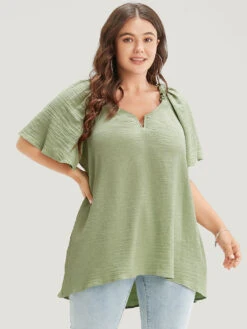 Plain Notched High Low Hem Ruffle Sleeve Frill Trim Blouse -Bloomchic Shop 606622369 tt