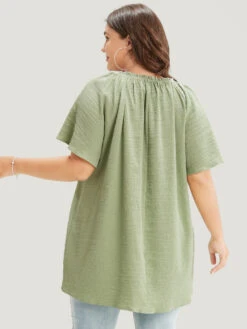 Plain Notched High Low Hem Ruffle Sleeve Frill Trim Blouse -Bloomchic Shop 606951584 uf