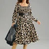 Leopard Shirred Square Neck Lantern Sleeve Dress -Bloomchic Shop 607158317 tz