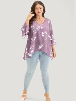 Floral Asymmetrical Hem Ruffle Trim Flounce Sleeve Blouse -Bloomchic Shop 608638382 ph b4ee49b3 a8e7 44f0 af4e 3c7bd9ae1102