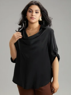 Anti-Wrinkle Solid Cowl Neck Tab Sleeve Blouse