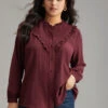 Stand Collar Solid Gathered Frill Trim Blouse -Bloomchic Shop 610778721 dr