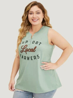 Letter Print Button Up Graphic Sleeveless Tank Top -Bloomchic Shop 610998528 fx