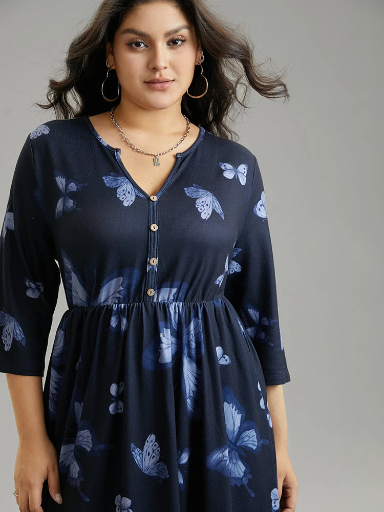 Butterfly Print Notched Elastic Waist Button Detail Dress 8 Butterfly Print Notched Elastic Waist Button Detail Dress - Image 6