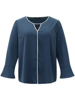 Two Tone Keyhole Bell Sleeve Blouse -Bloomchic Shop 61330863 gb