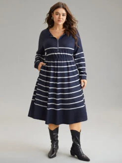 Striped Elastic Waist Pocket Zipper Dress