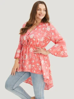 Floral Bell Sleeve Button Through High Low Hem Blouse -Bloomchic Shop 615683687 lf b0469b98 2e8f 4385 b55c 086337bab387