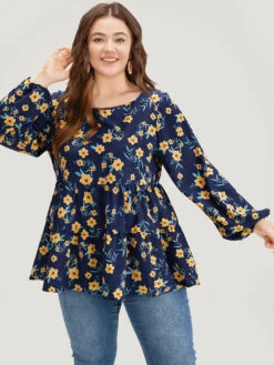 Floral Print Lantern Sleeve Gathered Blouse -Bloomchic Shop 616027732 lg