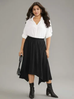 Solid Rayon Elastic Waist Pocket Hanky Hem Skirt -Bloomchic Shop 61664071 gr