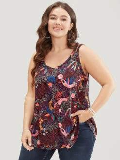Cat & Plant Print Sleeveless Cut Out Cami Top -Bloomchic Shop 618236555 gv