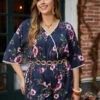 Floral Print Overlap Collar Contrast Trim Pocket Jumpsuit -Bloomchic Shop 618487934 gf