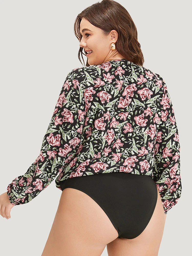 Floral Print V Neck Elastic Waist Lantern Sleeve Bodysuit 4 Floral Print V Neck Elastic Waist Lantern Sleeve Bodysuit - Image 2