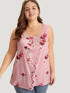 Floral Button Detail Round Neck Tank Top -Bloomchic Shop 620499193 gr