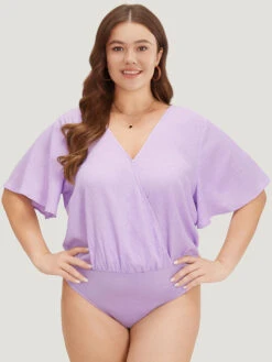 Solid Ruffle Sleeve V Neck Ruched Bodysuit -Bloomchic Shop 62101164 zk