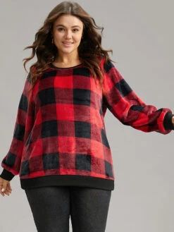 Plaid Print Round Neck Fluffy Sweatshirt