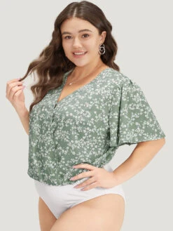 Ditsy Floral Overlap Collar Flutter Sleeve Bodysuit -Bloomchic Shop 621063144 bl