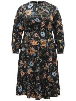 Floral Print Shirred Gathered Stand Collar Dress -Bloomchic Shop 622283786 wd