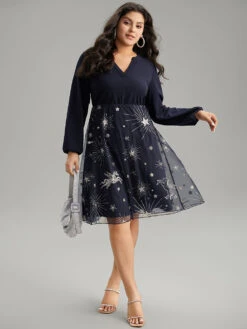 Star Glitter Mesh Patchwork Notched Dress -Bloomchic Shop 624125181 il