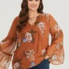 Floral Print Knot Neck Frill Trim Mesh Bell Sleeve Blouse -Bloomchic Shop 624168921 dc