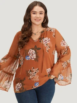 Bloomchic Shop 11 Floral Print Knot Neck Frill Trim Mesh Bell Sleeve Blouse