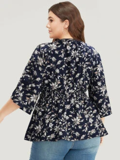 Floral Print Shirred Button Detail V Neck Petal Sleeve Blouse -Bloomchic Shop 624442282 cz