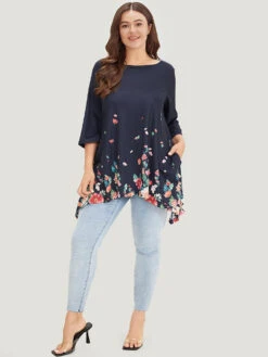 Floral Print Crew Neck Asymmetrical Hem T-shirt -Bloomchic Shop 624998894 vg